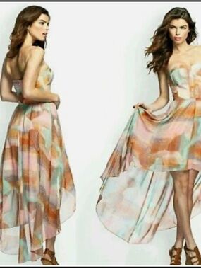 Guess Julia Strapless High-Low Chiffon Dress - Peach, Mint & Blush Hue